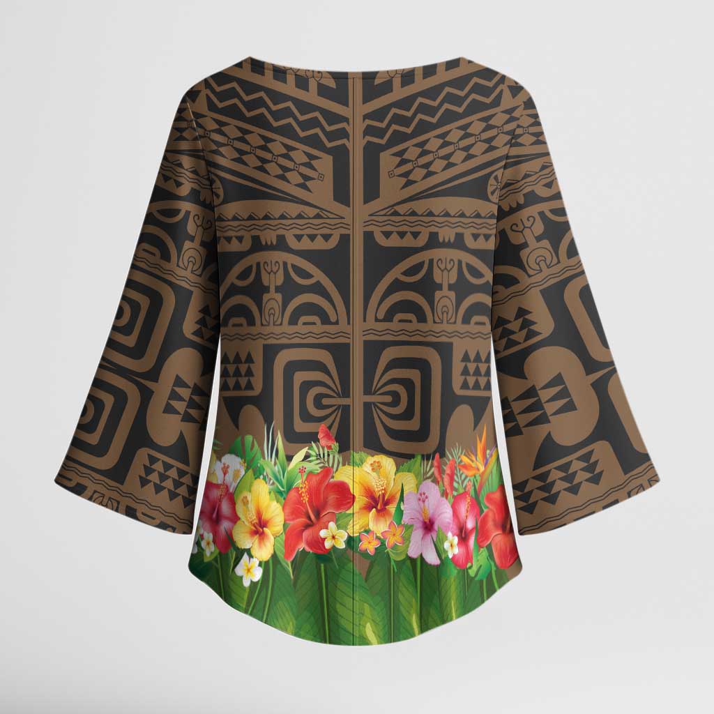 Hawaiian Hula Costume Kimono Sleeve Blouse Tribal Tattoo and Tropical Plants Skirt LT03 - Polynesian Pride