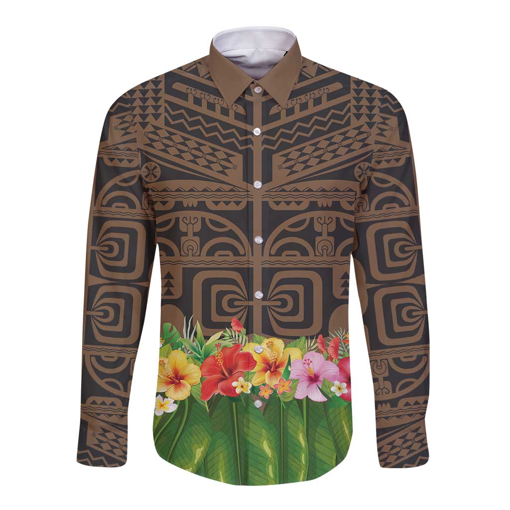 Hawaiian Hula Costume Long Sleeve Button Shirt Tribal Tattoo and Tropical Plants Skirt LT03 Unisex Brown - Polynesian Pride