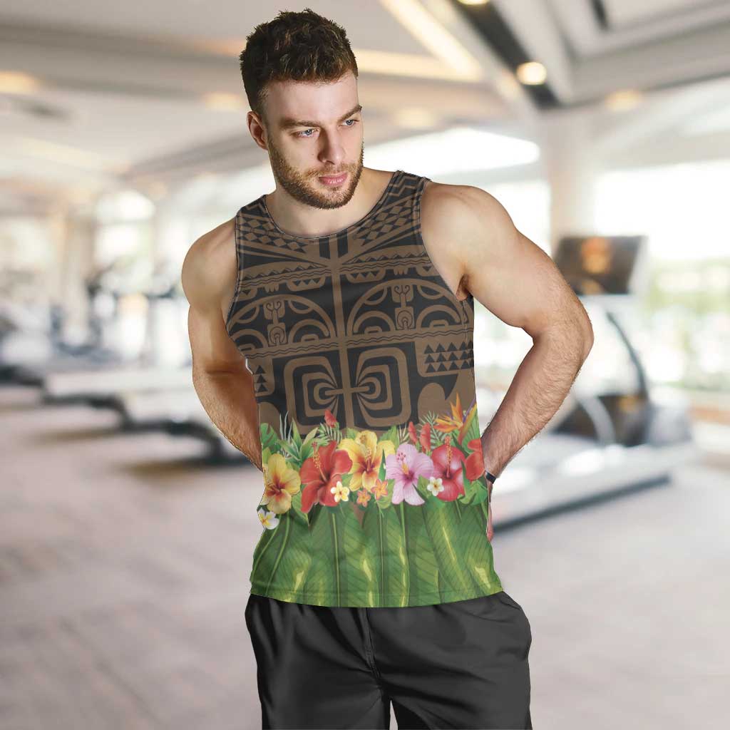 Hawaiian Hula Costume Men Tank Top Tribal Tattoo and Tropical Plants Skirt LT03 Brown - Polynesian Pride