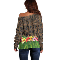 Hawaiian Hula Costume Off Shoulder Sweater Tribal Tattoo and Tropical Plants Skirt - Polynesian Pride