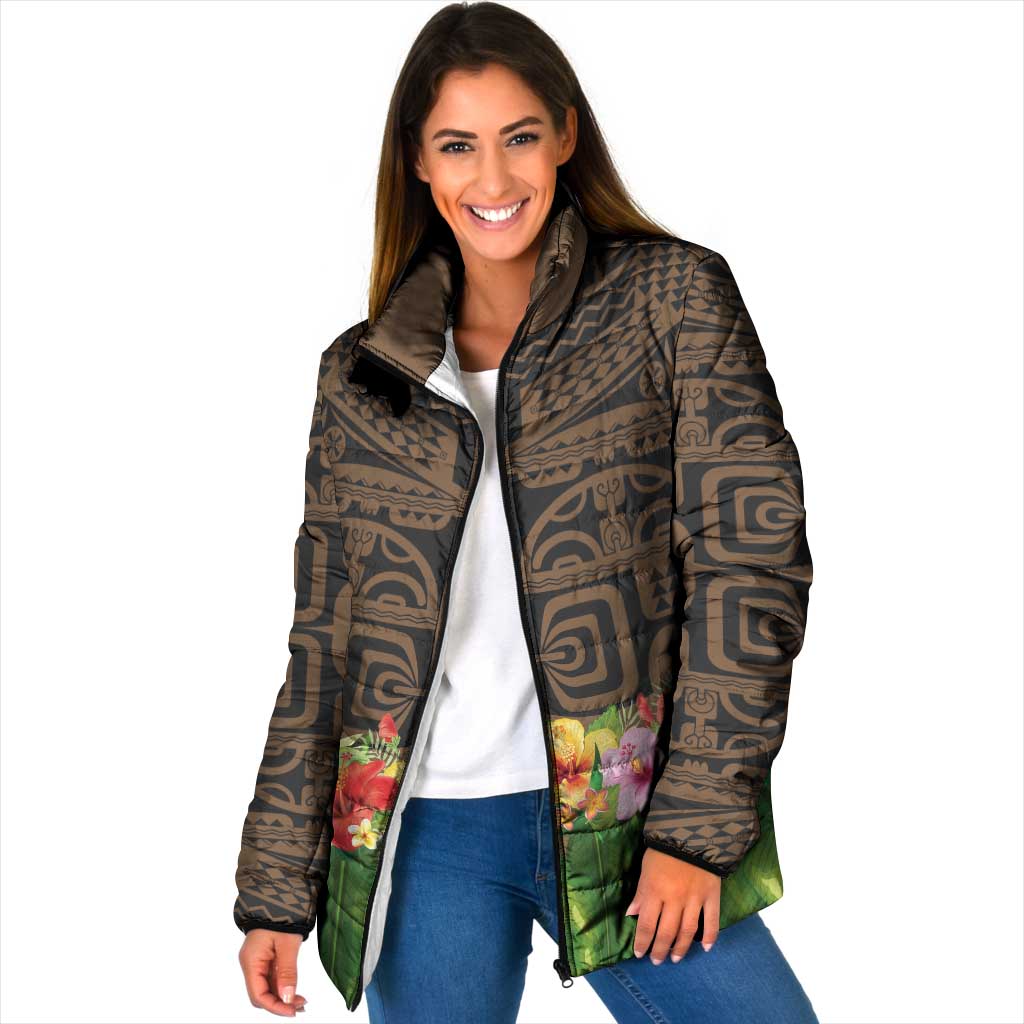 Hawaiian Hula Costume Padded Jacket Tribal Tattoo and Tropical Plants Skirt LT03 Women Brown - Polynesian Pride