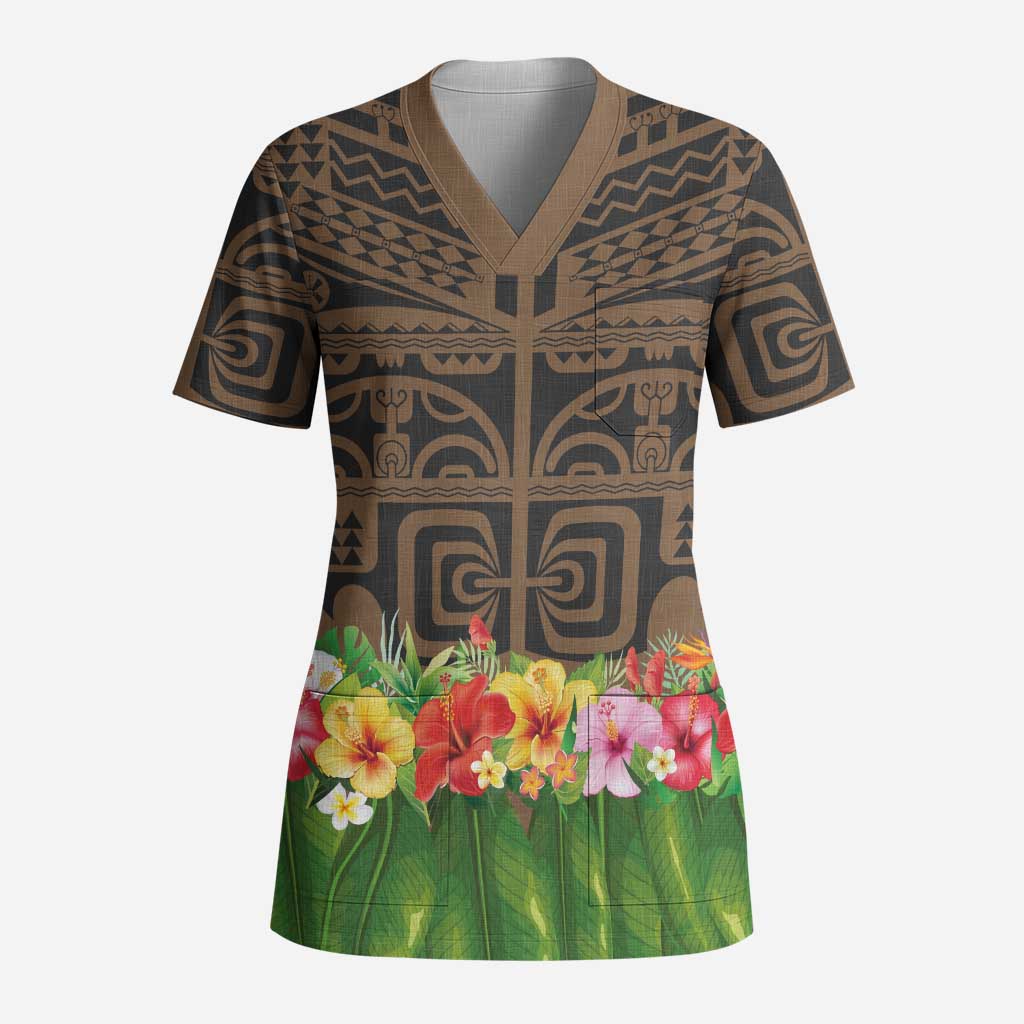 Hawaiian Hula Costume Scrub Top Tribal Tattoo and Tropical Plants Skirt LT03 Adult Brown - Polynesian Pride