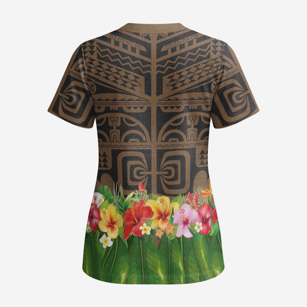 Hawaiian Hula Costume Scrub Top Tribal Tattoo and Tropical Plants Skirt LT03 - Polynesian Pride