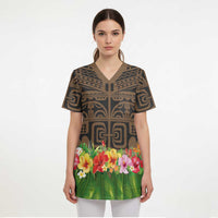 Hawaiian Hula Costume Scrub Top Tribal Tattoo and Tropical Plants Skirt LT03 - Polynesian Pride