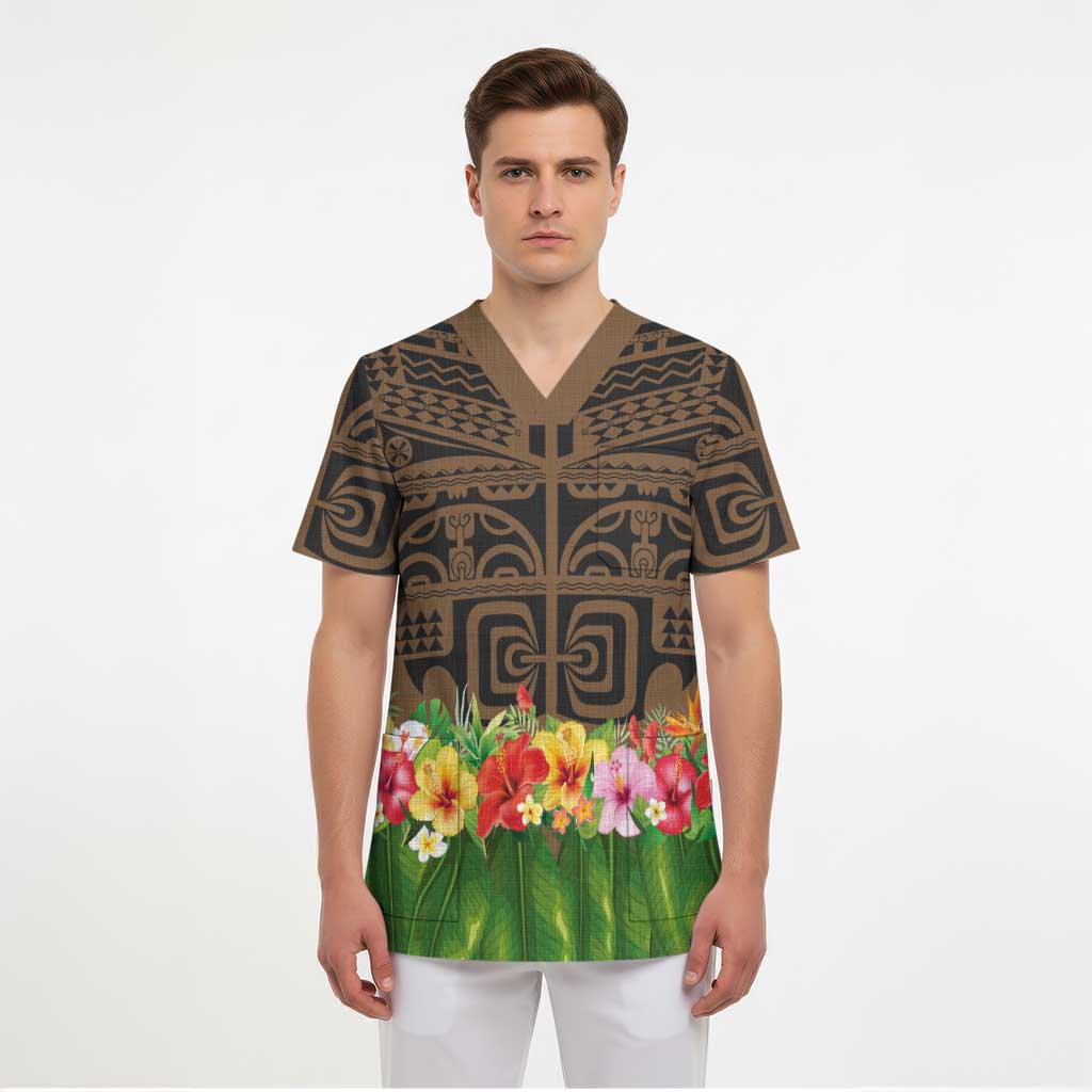 Hawaiian Hula Costume Scrub Top Tribal Tattoo and Tropical Plants Skirt LT03 - Polynesian Pride