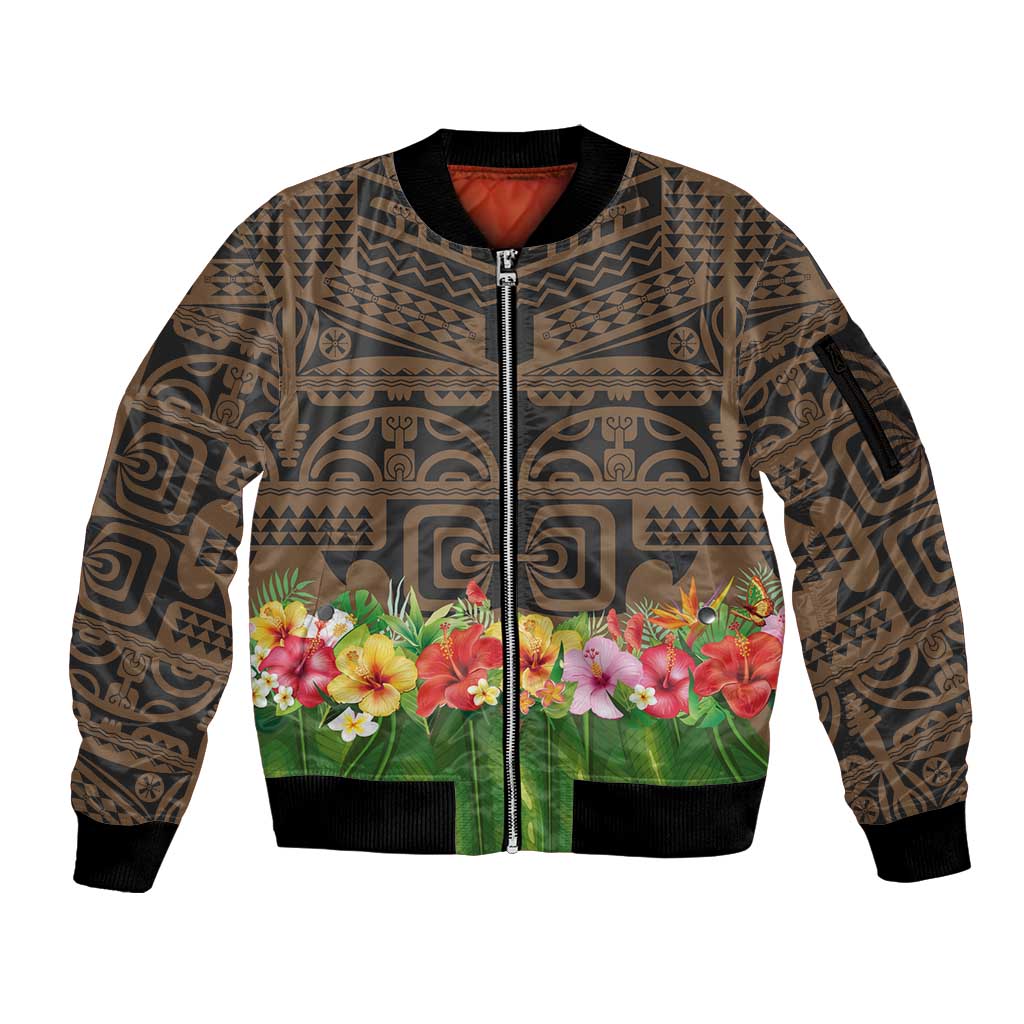 Hawaiian Hula Costume Sleeve Zip Bomber Jacket Tribal Tattoo and Tropical Plants Skirt - Polynesian Pride