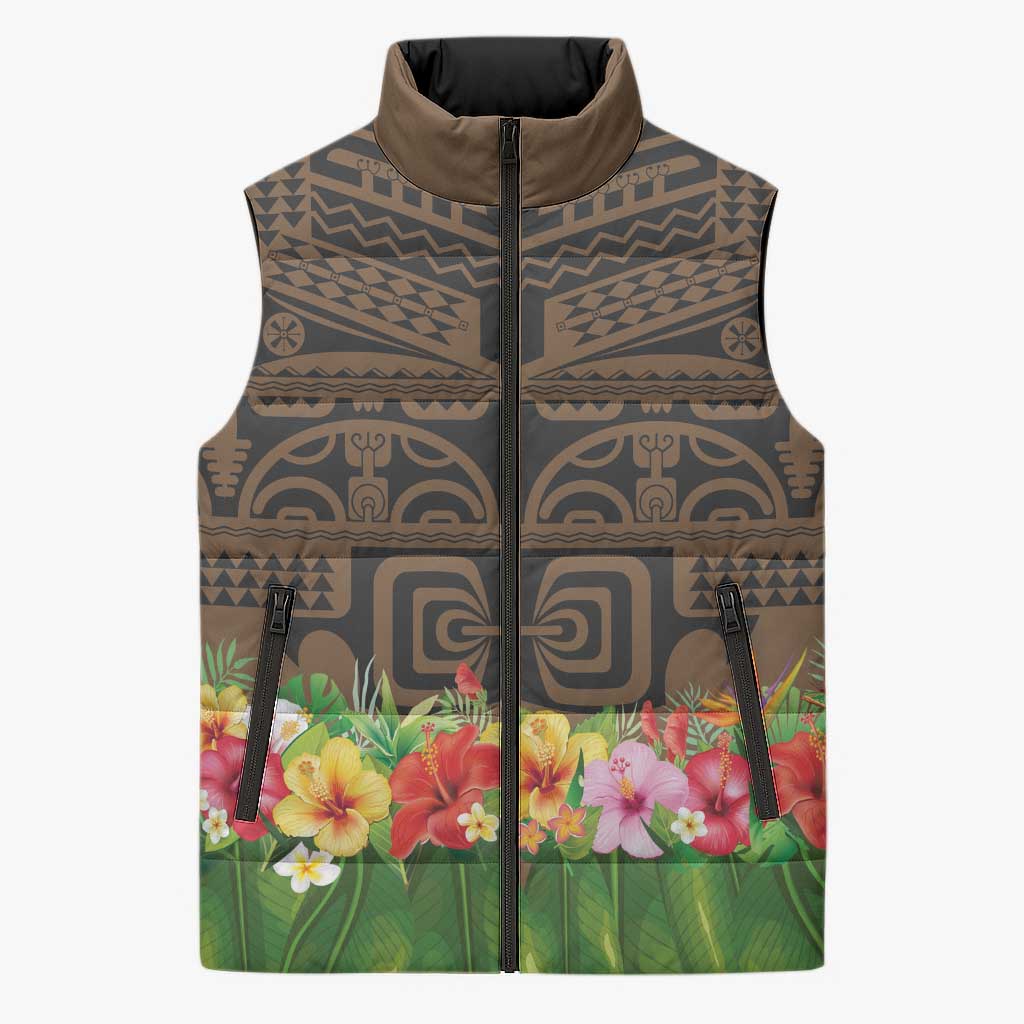 Hawaiian Hula Costume Sleeveless Puffer Jacket Tribal Tattoo and Tropical Plants Skirt LT03 Unisex Brown - Polynesian Pride