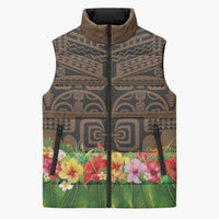 Hawaiian Hula Costume Sleeveless Puffer Jacket Tribal Tattoo and Tropical Plants Skirt LT03 Unisex Brown - Polynesian Pride