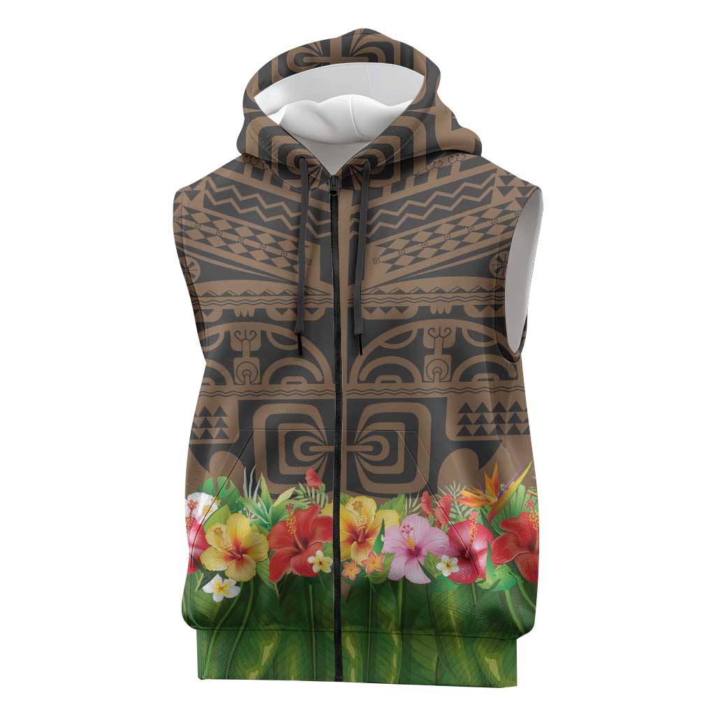 Hawaiian Hula Costume Sleeveless Zip Hoodie Tribal Tattoo and Tropical Plants Skirt LT03 Brown - Polynesian Pride