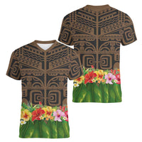 Hawaiian Hula Costume Women V-Neck T-Shirt Tribal Tattoo and Tropical Plants Skirt - Polynesian Pride