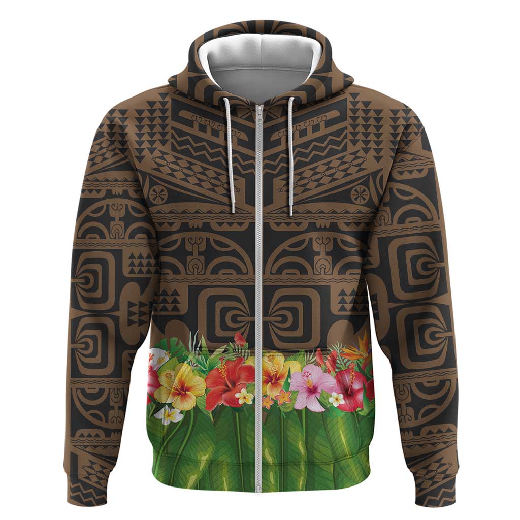Hawaiian Hula Costume Zip Hoodie Tribal Tattoo and Tropical Plants Skirt LT03 Zip Hoodie Brown - Polynesian Pride