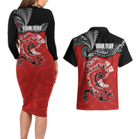 Personalised Aotearoa Toitu Te Tiriti Couples Matching Long Sleeve Bodycon Dress and Hawaiian Shirt Taniwha Tribal Motifs