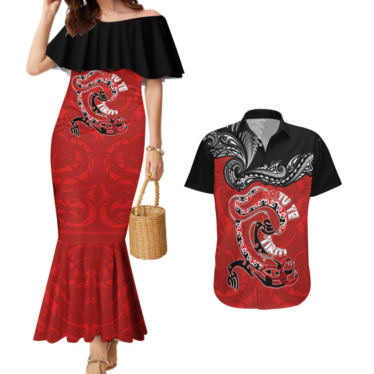 Personalised Aotearoa Toitu Te Tiriti Couples Matching Mermaid Dress and Hawaiian Shirt Taniwha Tribal Motifs LT03 Multicolor - Polynesian Pride