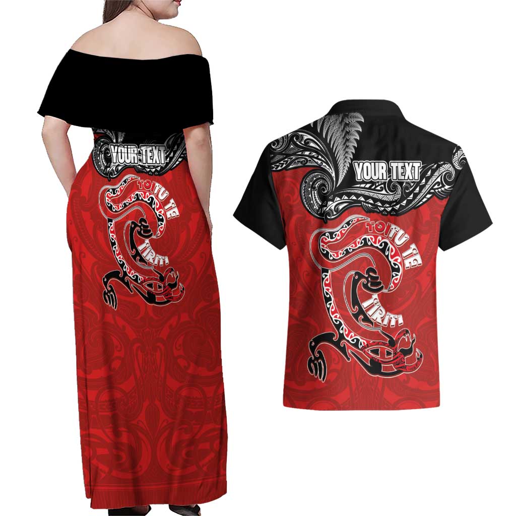 Personalised Aotearoa Toitu Te Tiriti Couples Matching Off Shoulder Maxi Dress and Hawaiian Shirt Taniwha Tribal Motifs