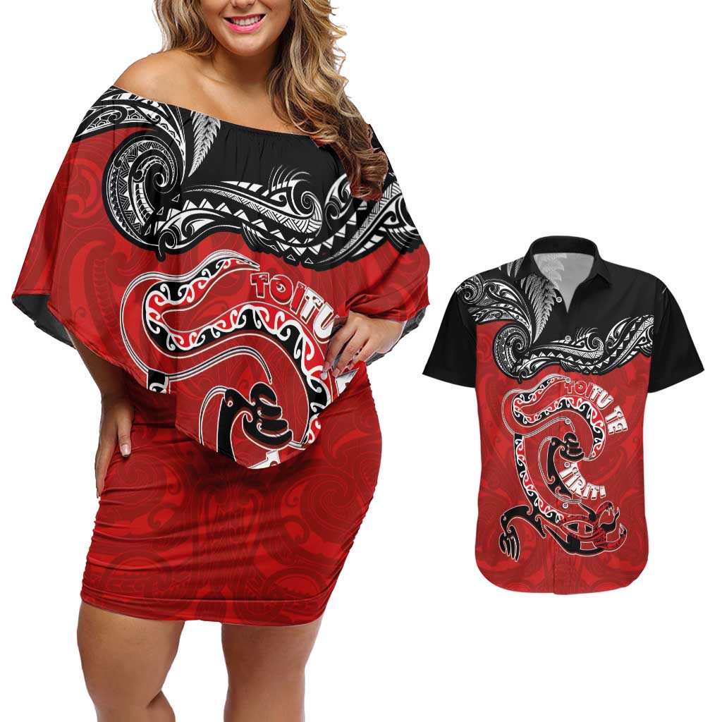 Personalised Aotearoa Toitu Te Tiriti Couples Matching Off Shoulder Short Dress and Hawaiian Shirt Taniwha Tribal Motifs LT03 Multicolor - Polynesian Pride