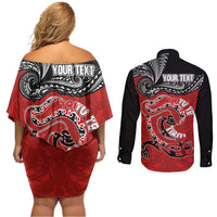 Personalised Aotearoa Toitu Te Tiriti Couples Matching Off Shoulder Short Dress and Long Sleeve Button Shirt Taniwha Tribal Motifs