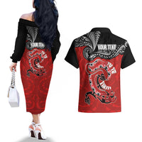 Personalised Aotearoa Toitu Te Tiriti Couples Matching Off The Shoulder Long Sleeve Dress and Hawaiian Shirt Taniwha Tribal Motifs