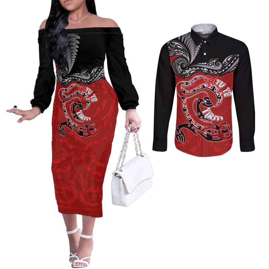 Personalised Aotearoa Toitu Te Tiriti Couples Matching Off The Shoulder Long Sleeve Dress and Long Sleeve Button Shirt Taniwha Tribal Motifs LT03 Multicolor - Polynesian Pride
