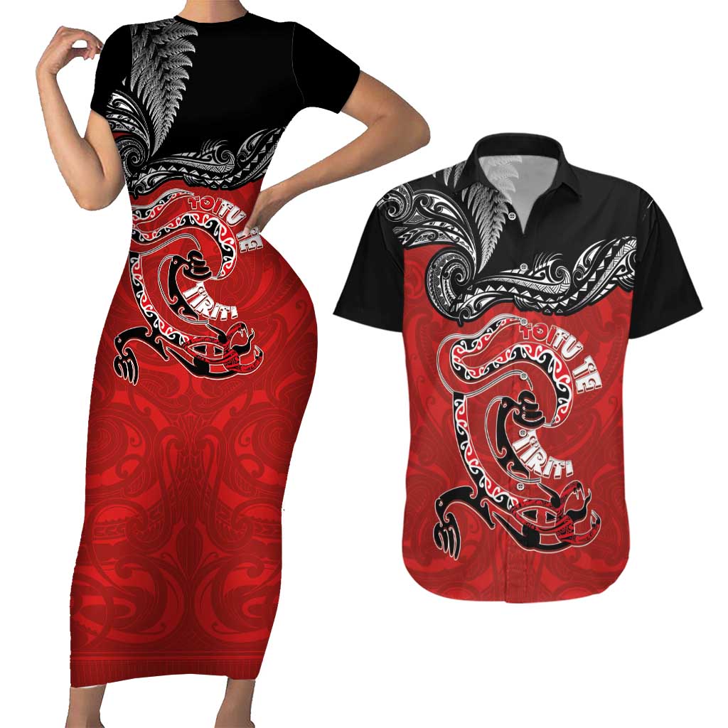 Personalised Aotearoa Toitu Te Tiriti Couples Matching Short Sleeve Bodycon Dress and Hawaiian Shirt Taniwha Tribal Motifs LT03 Multicolor - Polynesian Pride