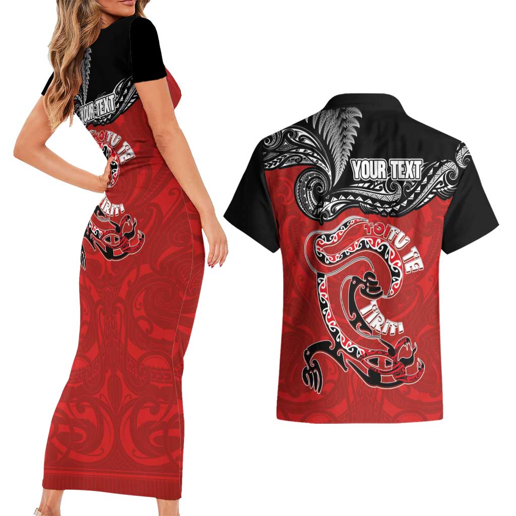 Personalised Aotearoa Toitu Te Tiriti Couples Matching Short Sleeve Bodycon Dress and Hawaiian Shirt Taniwha Tribal Motifs