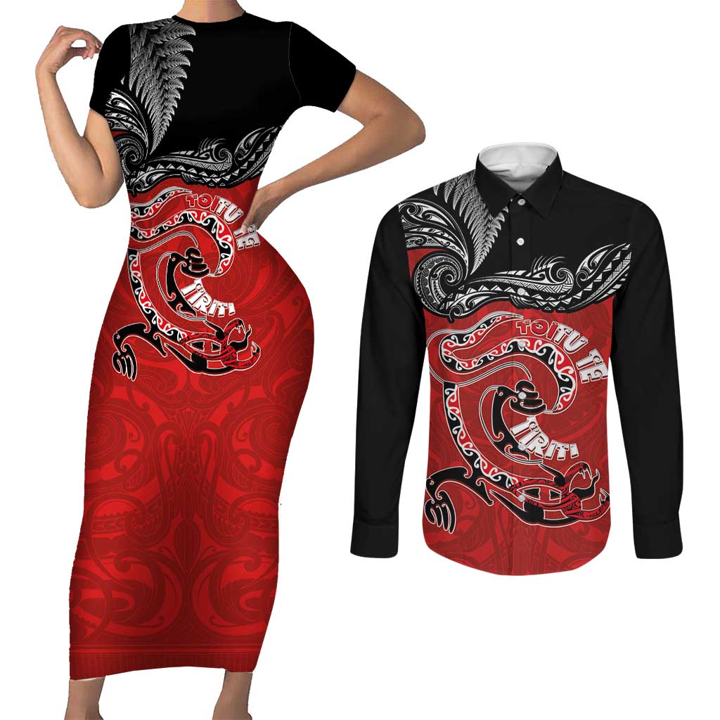 Personalised Aotearoa Toitu Te Tiriti Couples Matching Short Sleeve Bodycon Dress and Long Sleeve Button Shirt Taniwha Tribal Motifs LT03 Multicolor - Polynesian Pride