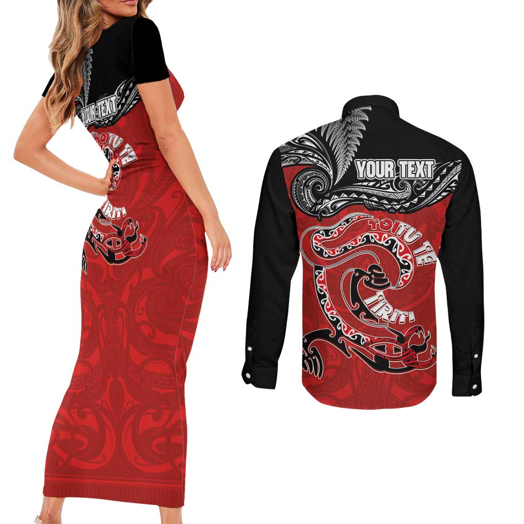 Personalised Aotearoa Toitu Te Tiriti Couples Matching Short Sleeve Bodycon Dress and Long Sleeve Button Shirt Taniwha Tribal Motifs