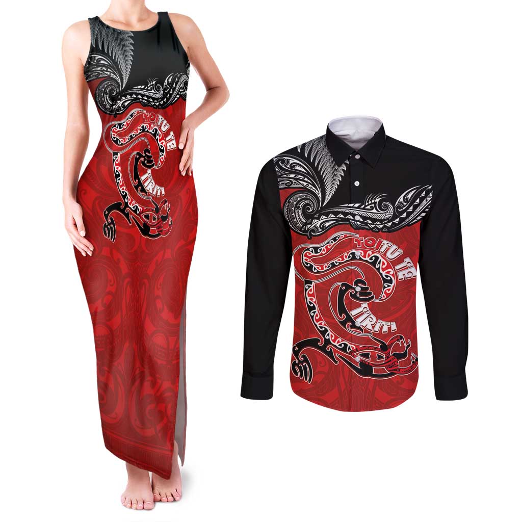 Personalised Aotearoa Toitu Te Tiriti Couples Matching Tank Maxi Dress and Long Sleeve Button Shirt Taniwha Tribal Motifs LT03 Multicolor - Polynesian Pride
