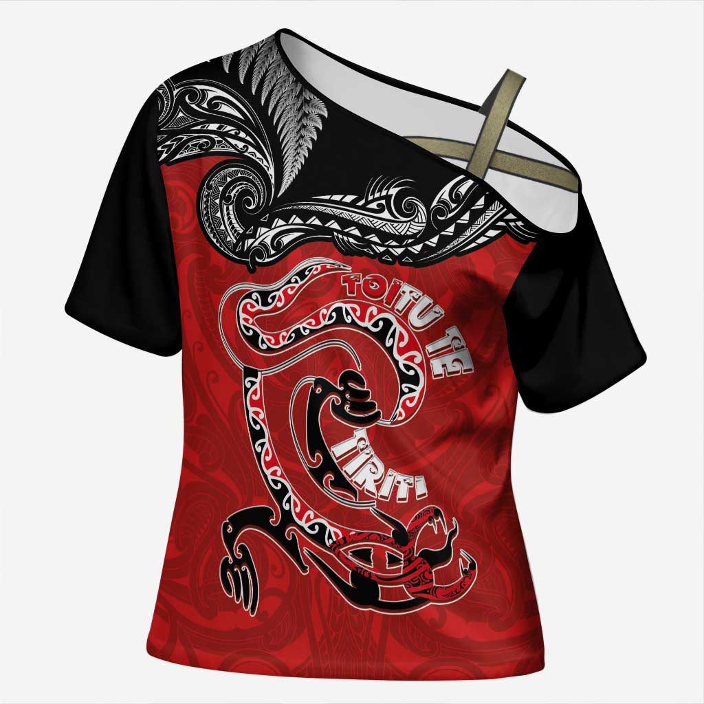 Personalised Aotearoa Toitu Te Tiriti Cross Shoulder Shirt Taniwha Tribal Motifs LT03 Female Multicolor - Polynesian Pride