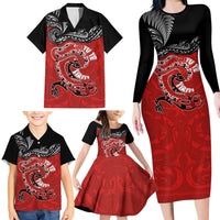 Personalised Aotearoa Toitu Te Tiriti Family Matching Long Sleeve Bodycon Dress and Hawaiian Shirt Taniwha Tribal Motifs