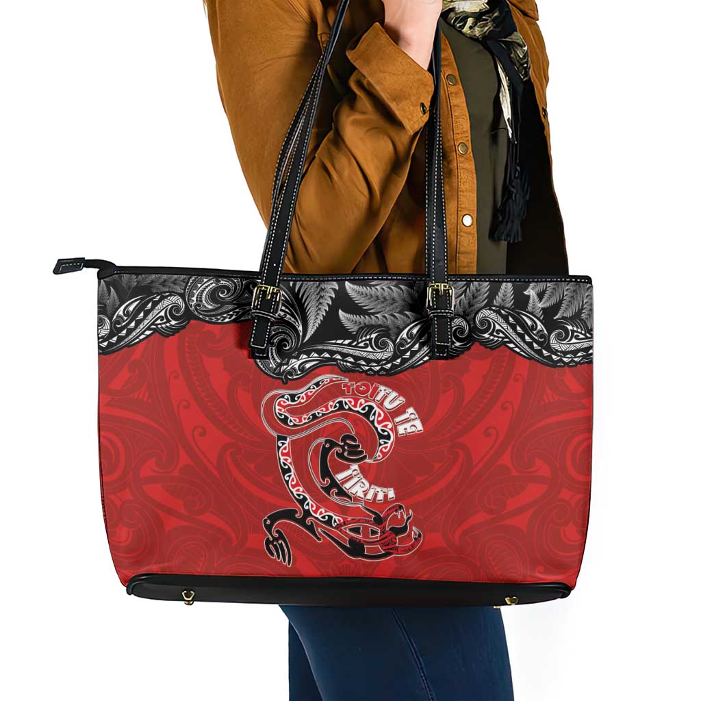 Aotearoa Toitu Te Tiriti Leather Tote Bag Taniwha Tribal Motifs LT03 - Polynesian Pride