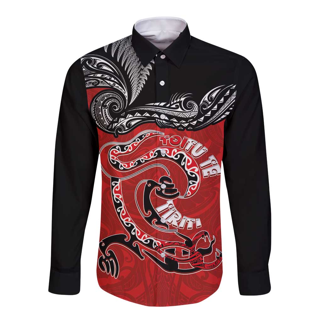 Personalised Aotearoa Toitu Te Tiriti Long Sleeve Button Shirt Taniwha Tribal Motifs LT03 Unisex Multicolor - Polynesian Pride