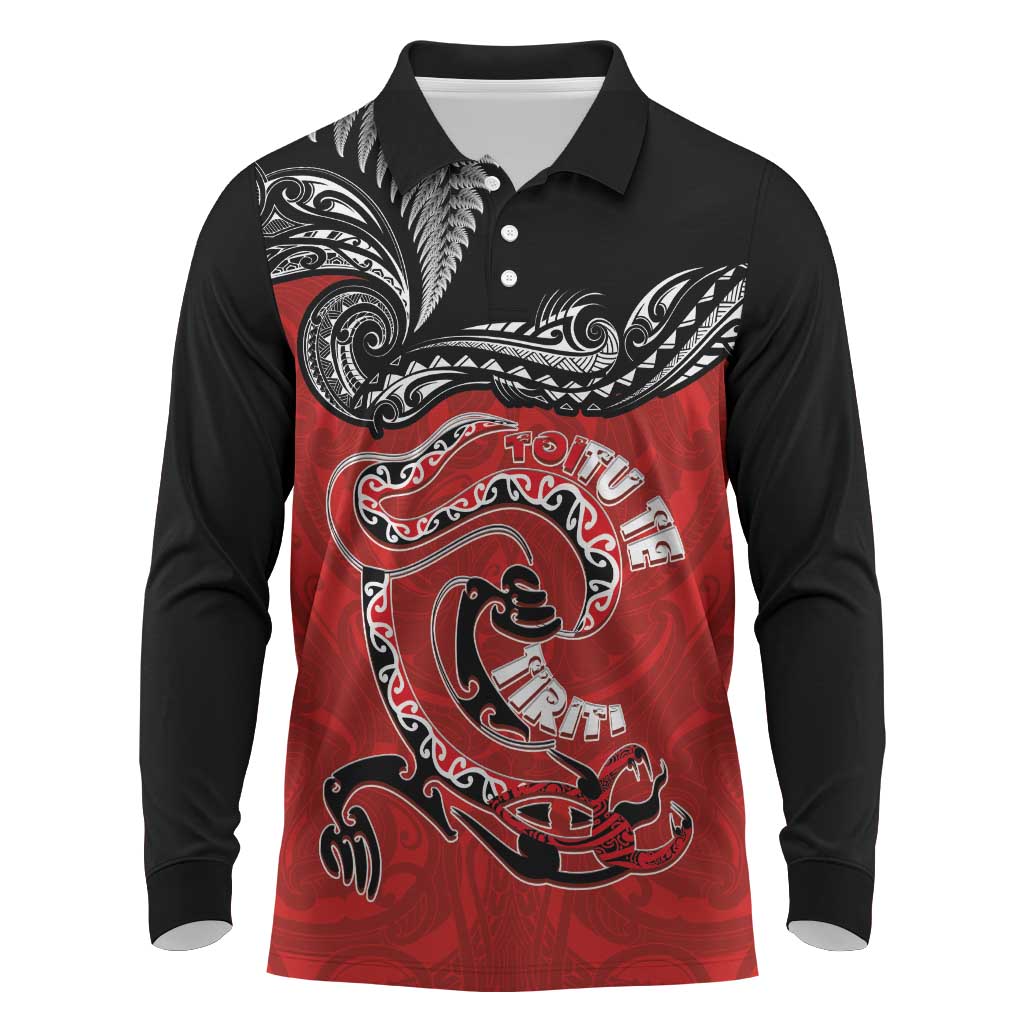 Personalised Aotearoa Toitu Te Tiriti Long Sleeve Polo Shirt Taniwha Tribal Motifs LT03 Multicolor - Polynesian Pride