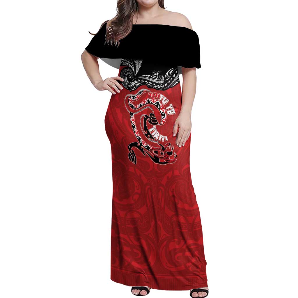 Personalised Aotearoa Toitu Te Tiriti Off Shoulder Maxi Dress Taniwha Tribal Motifs LT03 Women Multicolor - Polynesian Pride