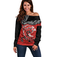 Personalised Aotearoa Toitu Te Tiriti Off Shoulder Sweater Taniwha Tribal Motifs LT03 Women Multicolor - Polynesian Pride