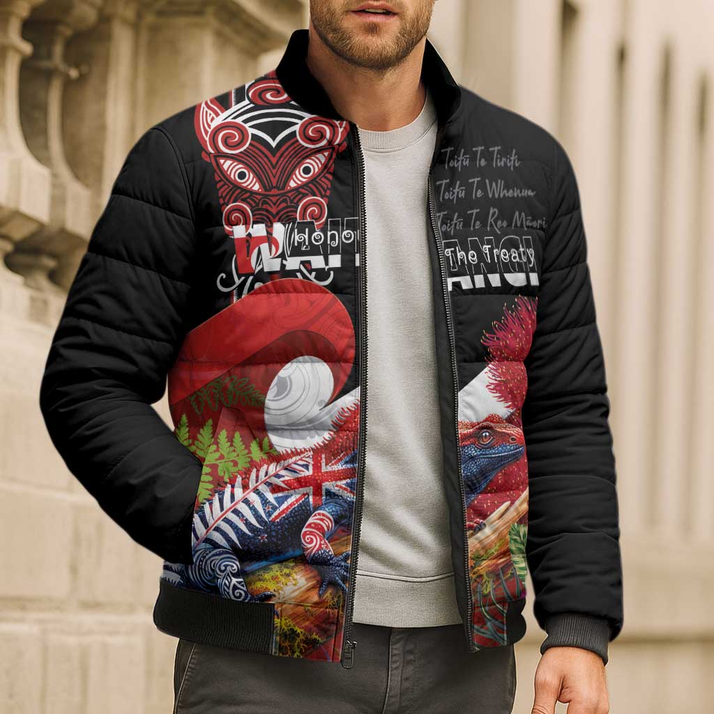 Aotearoa Toitu Te Tiriti Bomber Puffer Jacket Waitangi-Honour The Treaty NZ Tuatara and Plants LT03 - Polynesian Pride