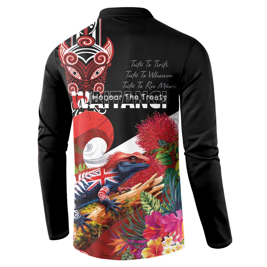 Aotearoa Toitu Te Tiriti Button Sweatshirt Waitangi-Honour The Treaty NZ Tuatara and Plants LT03 - Polynesian Pride