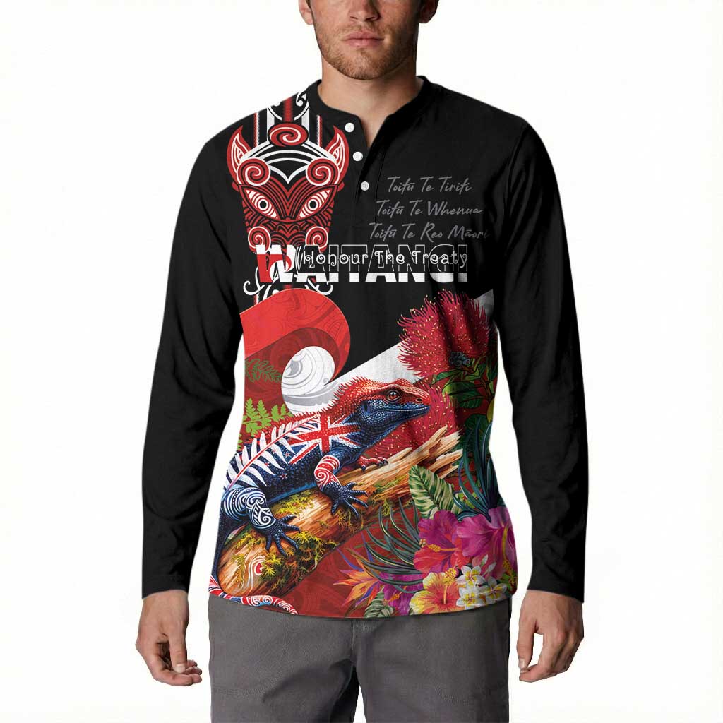 Aotearoa Toitu Te Tiriti Button Sweatshirt Waitangi-Honour The Treaty NZ Tuatara and Plants LT03 - Polynesian Pride