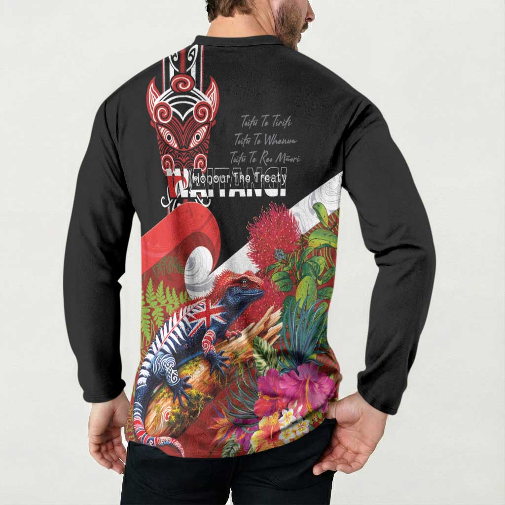 Aotearoa Toitu Te Tiriti Button Sweatshirt Waitangi-Honour The Treaty NZ Tuatara and Plants LT03 - Polynesian Pride