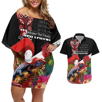 Aotearoa Toitu Te Tiriti Couples Matching Off Shoulder Short Dress and Hawaiian Shirt Waitangi-Honour The Treaty NZ Tuatara and Plants