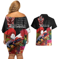 Aotearoa Toitu Te Tiriti Couples Matching Off Shoulder Short Dress and Hawaiian Shirt Waitangi-Honour The Treaty NZ Tuatara and Plants
