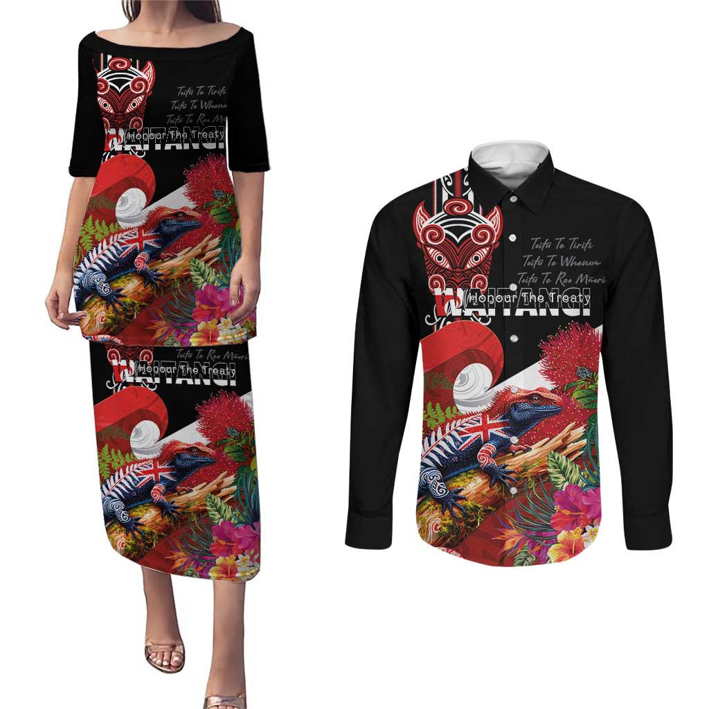 Aotearoa Toitu Te Tiriti Couples Matching Puletasi and Long Sleeve Button Shirt Waitangi-Honour The Treaty NZ Tuatara and Plants