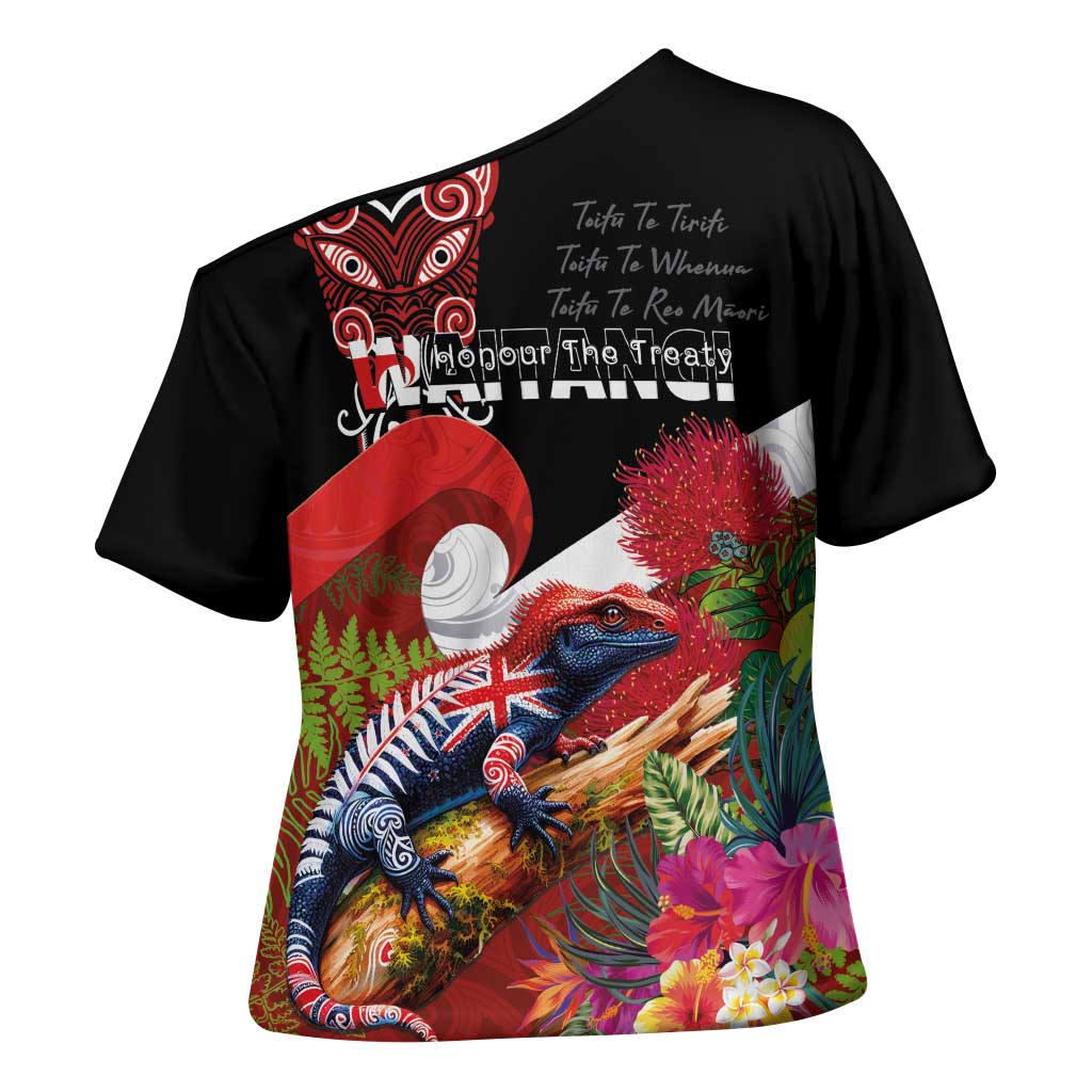 Aotearoa Toitu Te Tiriti Cross Shoulder Shirt Waitangi-Honour The Treaty NZ Tuatara and Plants