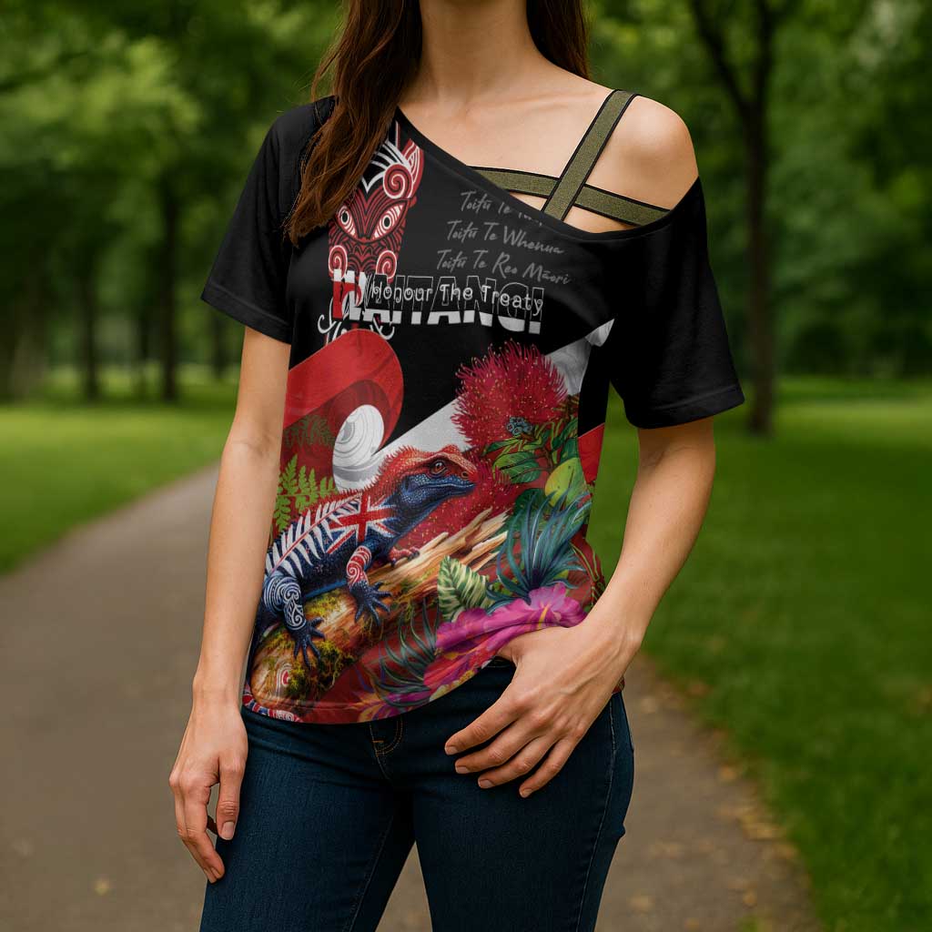 Aotearoa Toitu Te Tiriti Cross Shoulder Shirt Waitangi-Honour The Treaty NZ Tuatara and Plants