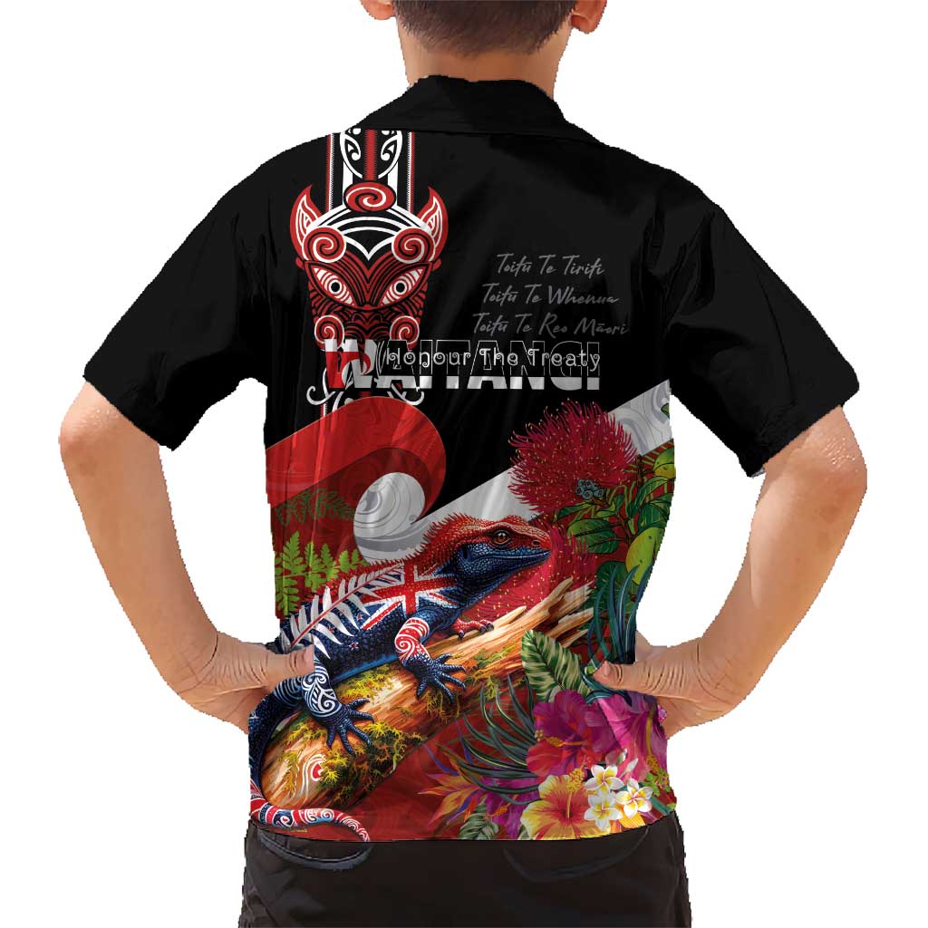 Aotearoa Toitu Te Tiriti Kid Hawaiian Shirt Waitangi-Honour The Treaty NZ Tuatara and Plants