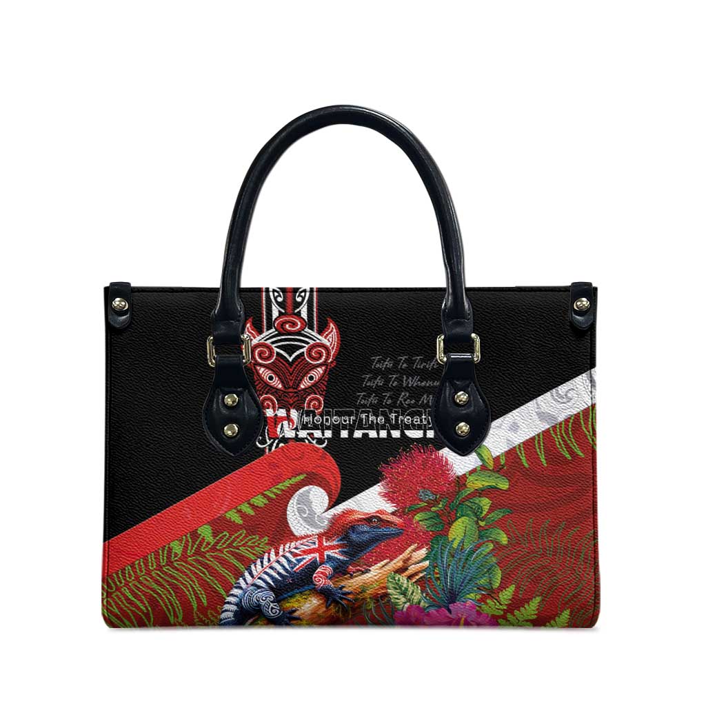 Aotearoa Toitu Te Tiriti Leather Bag Waitangi-Honour The Treaty NZ Tuatara and Plants LT03 - Polynesian Pride