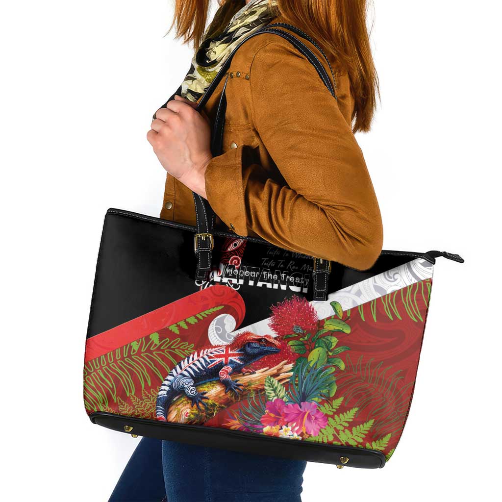 Aotearoa Toitu Te Tiriti Leather Tote Bag Waitangi-Honour The Treaty NZ Tuatara and Plants LT03 Multicolor - Polynesian Pride