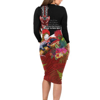 Aotearoa Toitu Te Tiriti Long Sleeve Bodycon Dress Waitangi-Honour The Treaty NZ Tuatara and Plants