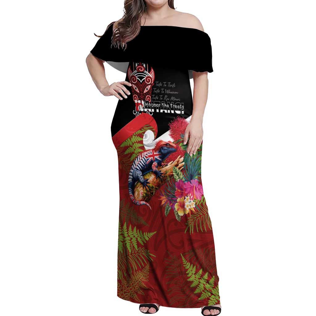Aotearoa Toitu Te Tiriti Off Shoulder Maxi Dress Waitangi-Honour The Treaty NZ Tuatara and Plants LT03 Women Multicolor - Polynesian Pride
