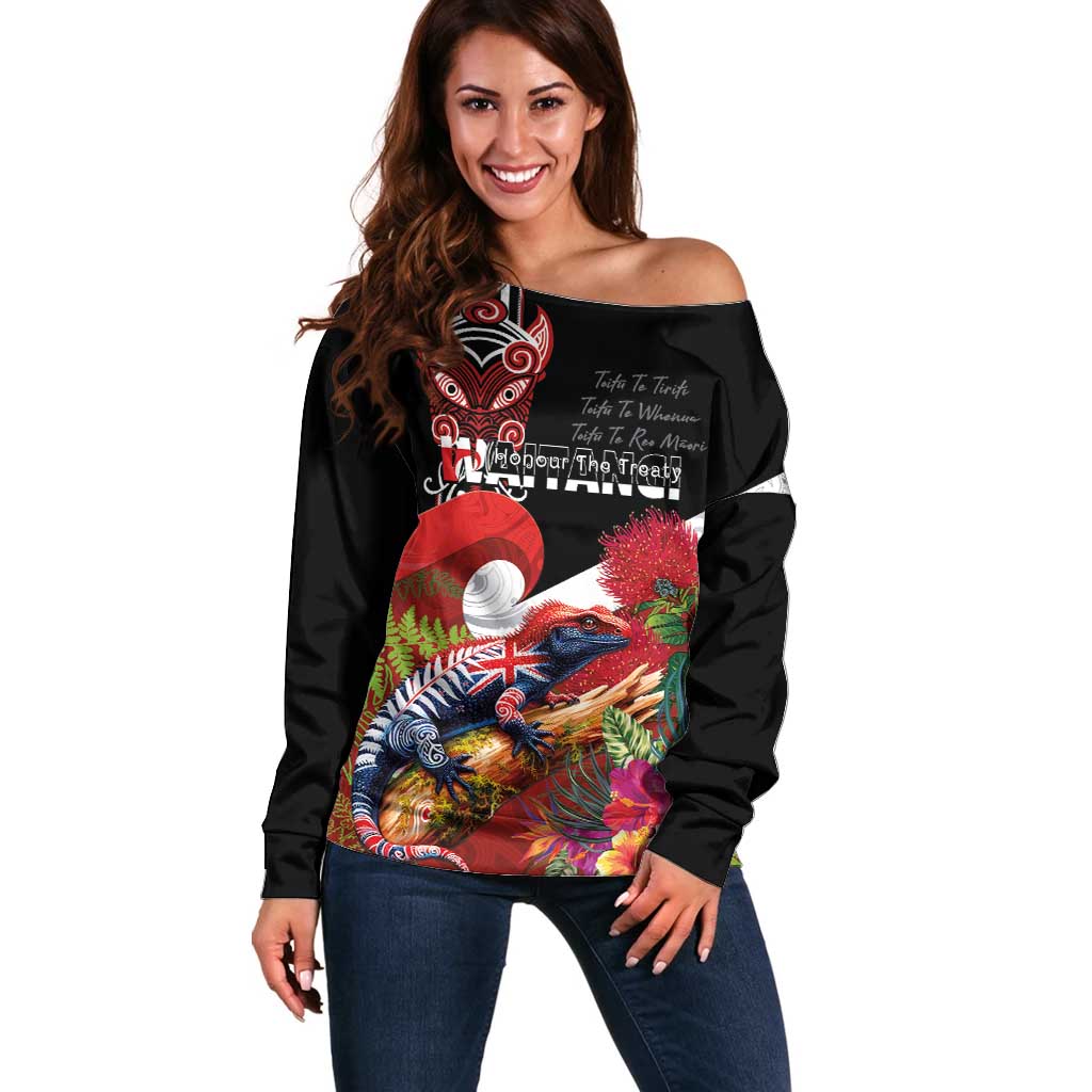 Aotearoa Toitu Te Tiriti Off Shoulder Sweater Waitangi-Honour The Treaty NZ Tuatara and Plants LT03 Women Multicolor - Polynesian Pride