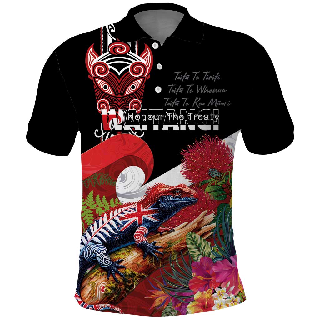 Aotearoa Toitu Te Tiriti Polo Shirt Waitangi-Honour The Treaty NZ Tuatara and Plants LT03 Multicolor - Polynesian Pride